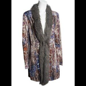 Alberto Makali Cardigan Snakeskin Print Faux Fur Trim Jacket XL